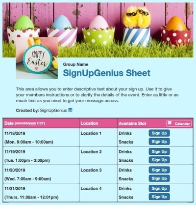 easter eggs hunts spring brunch potluck dinner blue sign up form