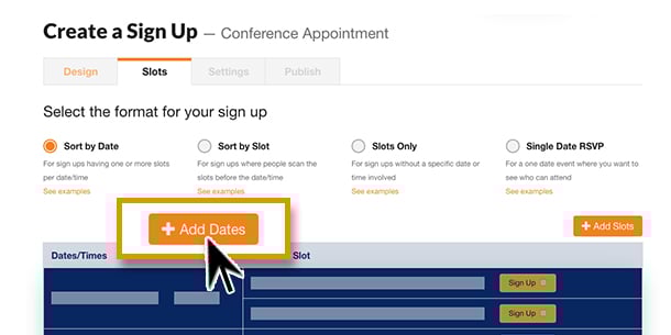 image from sign up wizard of selecting the add dates option