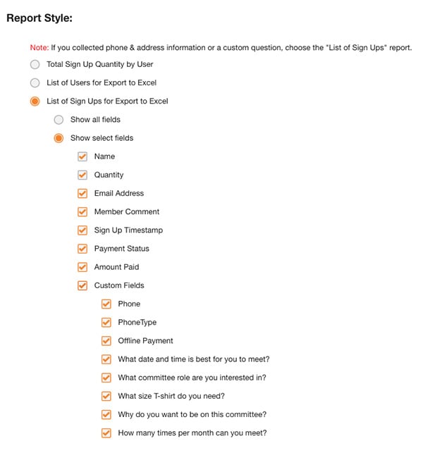 report style list of sign ups for export to Excel - select fields