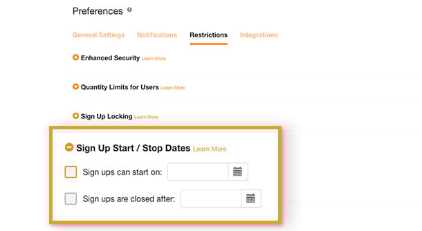 start stop open close sign up feature selection